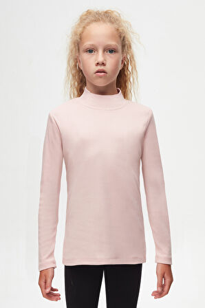 Pudra Pembe Basic Kışlık Yarım Balıkçı Yaka Uzun Kollu Kız Çocuk Tişört