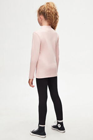 Pudra Pembe Basic Kışlık Yarım Balıkçı Yaka Uzun Kollu Kız Çocuk Tişört