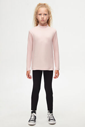 Pudra Pembe Basic Kışlık Yarım Balıkçı Yaka Uzun Kollu Kız Çocuk Tişört