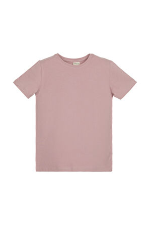 Pudra Pembe Basic Unisex Çocuk Sıfır Yaka Kısa Kollu Tişört