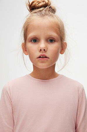 Pudra Pembe Basic Unisex Çocuk Mevsimlik Sıfır Yaka Uzun Kollu Tişört