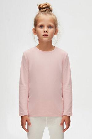Pudra Pembe Basic Unisex Çocuk Mevsimlik Sıfır Yaka Uzun Kollu Tişört