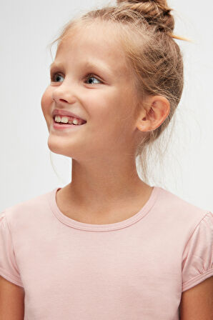 Pudra Pembe Basic Kız Çocuk Sıfır Yaka Karpuz Kol Tişört