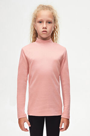 Koyu Pudra Basic Kışlık Yarım Balıkçı Yaka Uzun Kollu Kız Çocuk Tişört