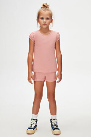 Koyu Pudra Basic Kız Çocuk Sıfır Yaka Karpuz Kol Tişört