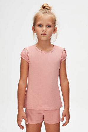 Koyu Pudra Basic Kız Çocuk Sıfır Yaka Karpuz Kol Tişört