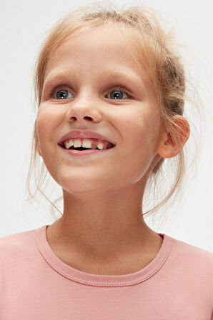 Koyu Pudra Basic Kız Çocuk Sıfır Yaka Karpuz Kol Tişört