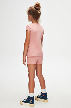 Koyu Pudra Basic Kız Çocuk Sıfır Yaka Karpuz Kol Tişört