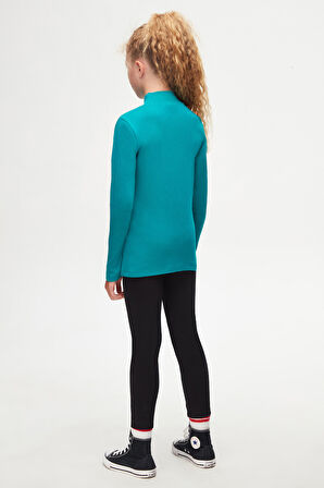 Koyu Petrol Basic Kışlık Yarım Balıkçı Yaka Uzun Kollu Kız Çocuk Tişört