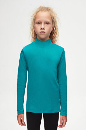 Koyu Petrol Basic Kışlık Yarım Balıkçı Yaka Uzun Kollu Kız Çocuk Tişört