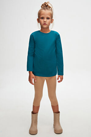 Koyu Petrol Basic Unisex Çocuk Mevsimlik Sıfır Yaka Uzun Kollu Tişört