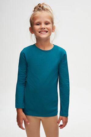 Koyu Petrol Basic Unisex Çocuk Mevsimlik Sıfır Yaka Uzun Kollu Tişört