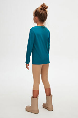 Koyu Petrol Basic Unisex Çocuk Mevsimlik Sıfır Yaka Uzun Kollu Tişört