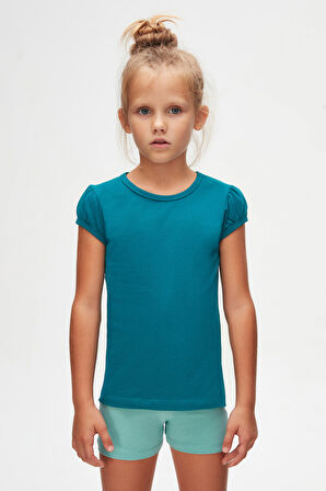 Koyu Petrol Basic Kız Çocuk Sıfır Yaka Karpuz Kol Tişört