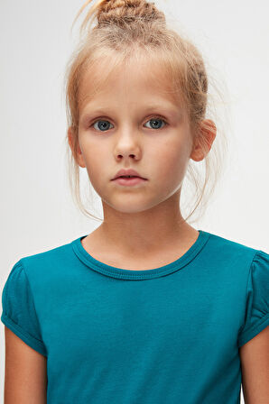 Koyu Petrol Basic Kız Çocuk Sıfır Yaka Karpuz Kol Tişört