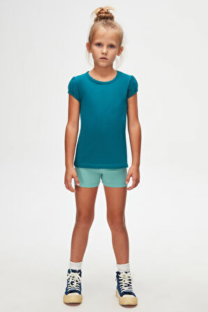 Koyu Petrol Basic Kız Çocuk Sıfır Yaka Karpuz Kol Tişört