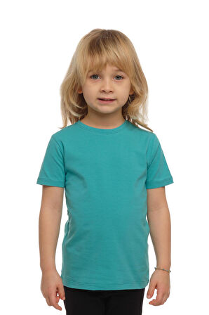 Açık Petrol Basic Unisex Çocuk Sıfır Yaka Kısa Kollu Tişört