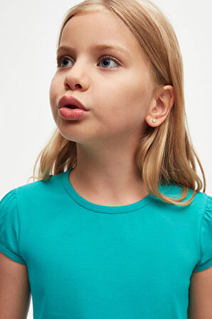 Açık Petrol Basic Kız Çocuk Sıfır Yaka Karpuz Kol Tişört