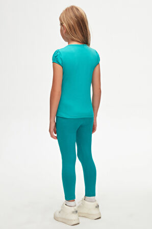 Açık Petrol Basic Kız Çocuk Sıfır Yaka Karpuz Kol Tişört