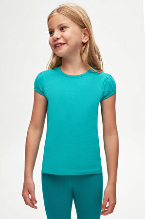 Açık Petrol Basic Kız Çocuk Sıfır Yaka Karpuz Kol Tişört