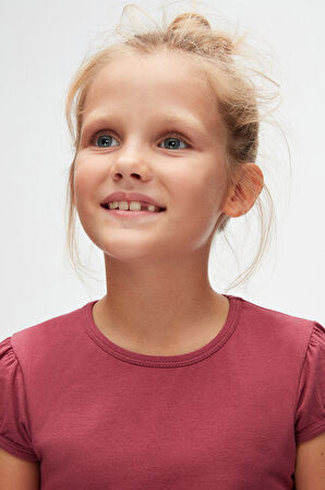 Açık Mürdüm Basic Kız Çocuk Sıfır Yaka Karpuz Kol Tişört