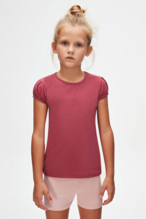 Açık Mürdüm Basic Kız Çocuk Sıfır Yaka Karpuz Kol Tişört