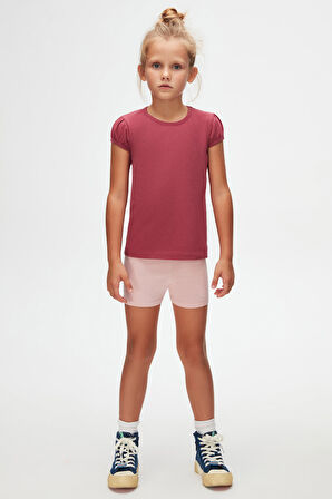 Açık Mürdüm Basic Kız Çocuk Sıfır Yaka Karpuz Kol Tişört