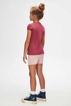 Açık Mürdüm Basic Kız Çocuk Sıfır Yaka Karpuz Kol Tişört