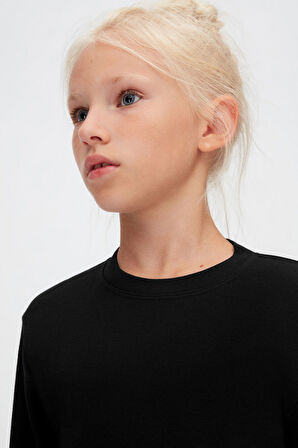 Siyah Basic Kışlık Sıfır Yaka Uzun Kollu Kız Çocuk Tişört