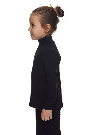 Siyah Basic Kız Çocuk Çıtçıtlı Tam Balıkçı Yaka Şardonlu Kışlık Uzun Kollu Tişört
