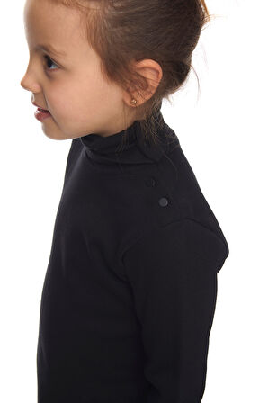 Siyah Basic Kız Çocuk Çıtçıtlı Tam Balıkçı Yaka Şardonlu Kışlık Uzun Kollu Tişört