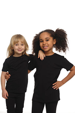 Siyah Basic Unisex Çocuk Sıfır Yaka Kısa Kollu Tişört