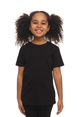 Siyah Basic Unisex Çocuk Sıfır Yaka Kısa Kollu Tişört