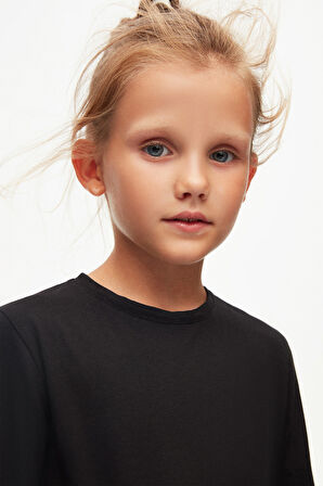 Siyah Basic Unisex Çocuk Mevsimlik Sıfır Yaka Uzun Kollu Tişört