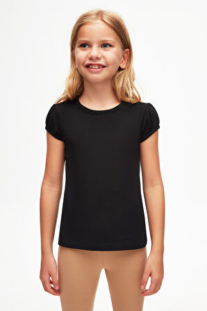 Siyah Basic Kız Çocuk Sıfır Yaka Karpuz Kol Tişört