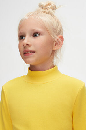 Sarı Basic Kışlık Yarım Balıkçı Yaka Uzun Kollu Kız Çocuk Tişört
