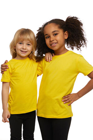 Sarı Basic Unisex Çocuk Sıfır Yaka Kısa Kollu Tişört