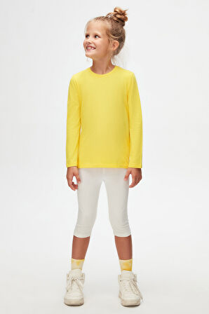Sarı Basic Unisex Çocuk Mevsimlik Sıfır Yaka Uzun Kollu Tişört