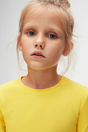 Sarı Basic Unisex Çocuk Mevsimlik Sıfır Yaka Uzun Kollu Tişört