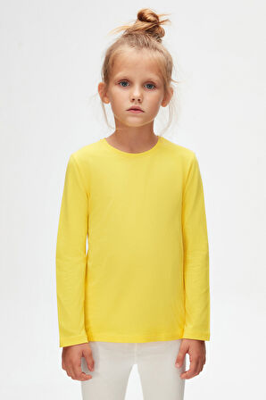 Sarı Basic Unisex Çocuk Mevsimlik Sıfır Yaka Uzun Kollu Tişört