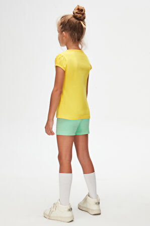 Sarı Basic Kız Çocuk Sıfır Yaka Karpuz Kol Tişört