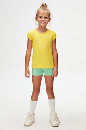 Sarı Basic Kız Çocuk Sıfır Yaka Karpuz Kol Tişört