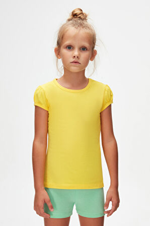 Sarı Basic Kız Çocuk Sıfır Yaka Karpuz Kol Tişört