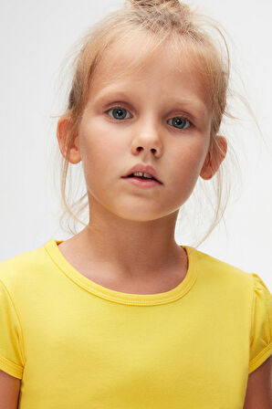 Sarı Basic Kız Çocuk Sıfır Yaka Karpuz Kol Tişört