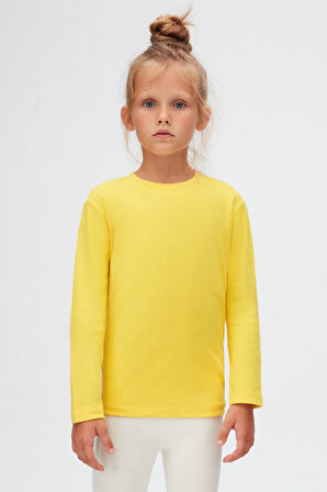 Sarı Basic Unisex Çocuk Kışlık Sıfır Yaka Uzun Kollu Tişört