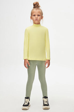 Açık Sarı Basic Kışlık Yarım Balıkçı Yaka Uzun Kollu Kız Çocuk Tişört