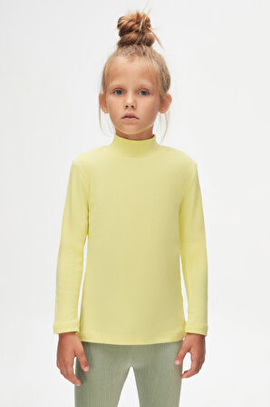 Açık Sarı Basic Kışlık Yarım Balıkçı Yaka Uzun Kollu Kız Çocuk Tişört