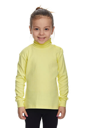Açık Sarı Basic Kız Çocuk Çıtçıtlı Tam Balıkçı Yaka Şardonlu Kışlık Uzun Kollu Tişört