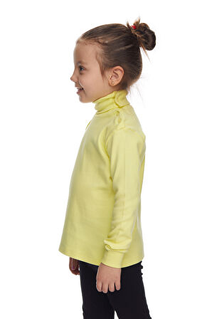Açık Sarı Basic Kız Çocuk Çıtçıtlı Tam Balıkçı Yaka Şardonlu Kışlık Uzun Kollu Tişört