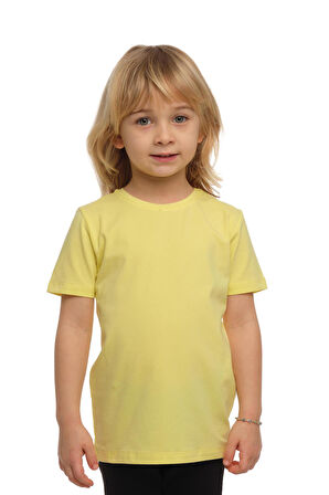 Açık Sarı Basic Unisex Çocuk Sıfır Yaka Kısa Kollu Tişört